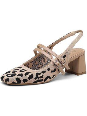 NEWBELLA Leopard Knit Mary Jane Chunky Low Heel Slingback Pump Square Toe 8.5